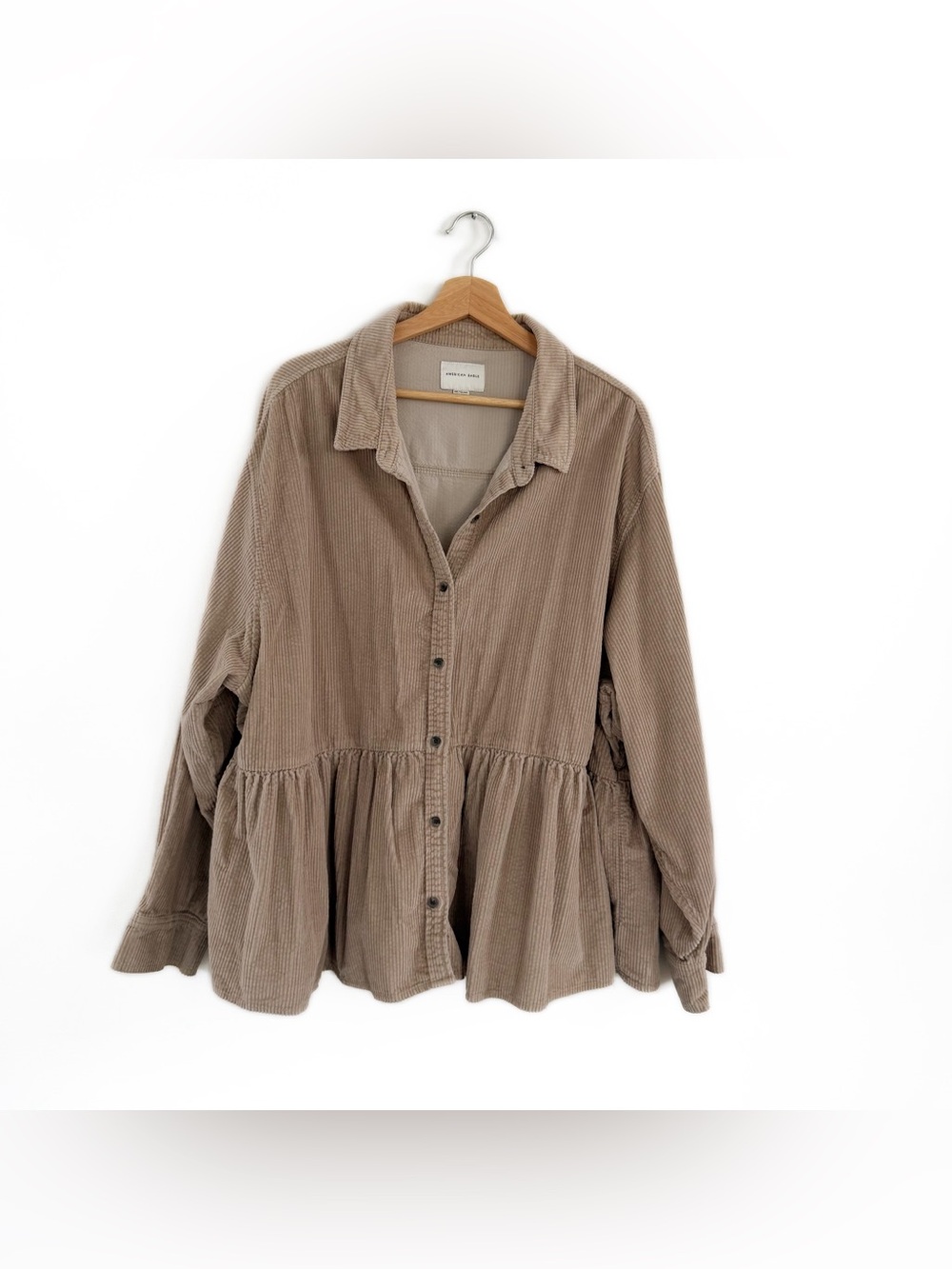 American Eagle Shirt Womens XXL Beige Ruffled Corduroy Button Up